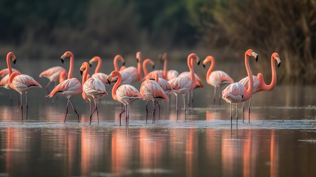 Um bando de flamingos está parado na água.