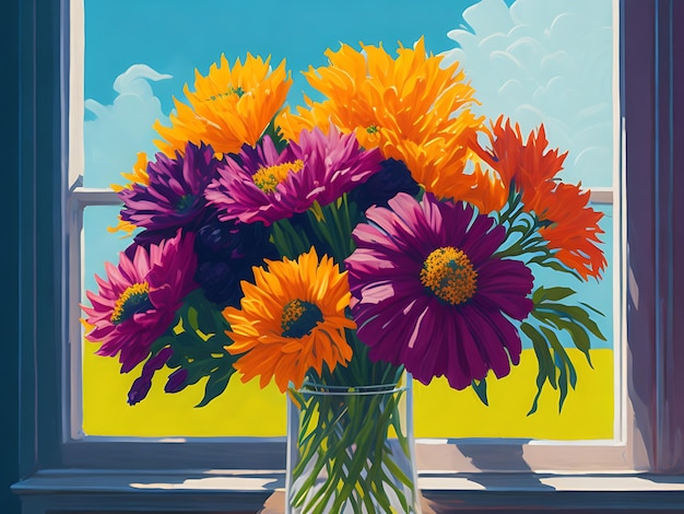 Um bando de flores coloridas contra a janela ensolarada Pintura de tela gerativa de IA Textura de pincel
