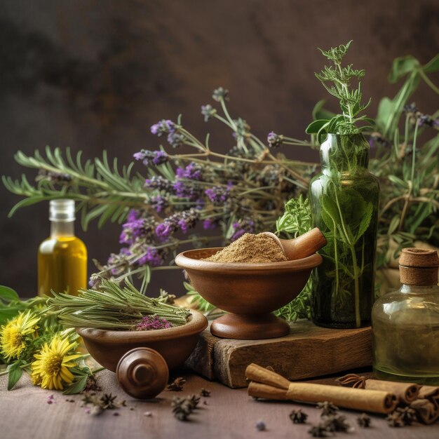 Foto um bando de flores de lavanda estão em uma mesa com uma garrafa de óleo e uma garracha de óleo