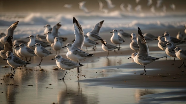 Um bando de gaivotas está na praia e uma delas está voando.