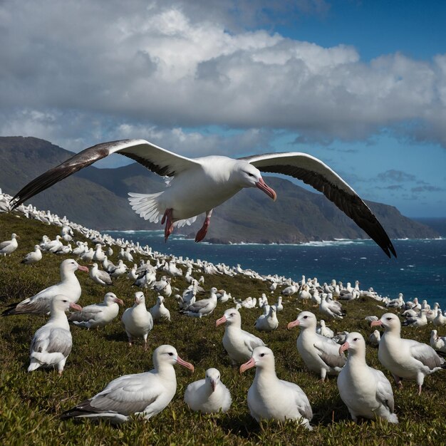 um bando de gaivotas estão de pé em uma colina gramada