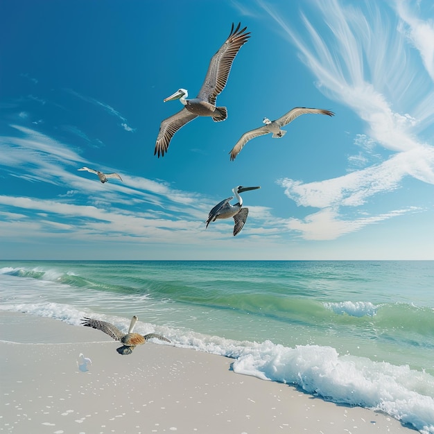 Um bando de gaivotas voando sobre o oceano e o oceano