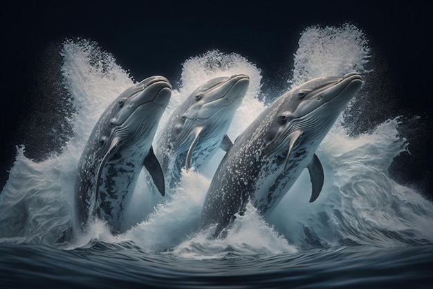 Um bando de golfinhos saltando da água em uníssono