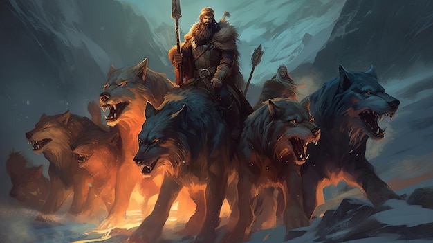 Um bando de guerreiros ferozes cavalgando para a batalha nas costas de lobos gigantes Conceito de fantasia Ilustração pintura IA generativa
