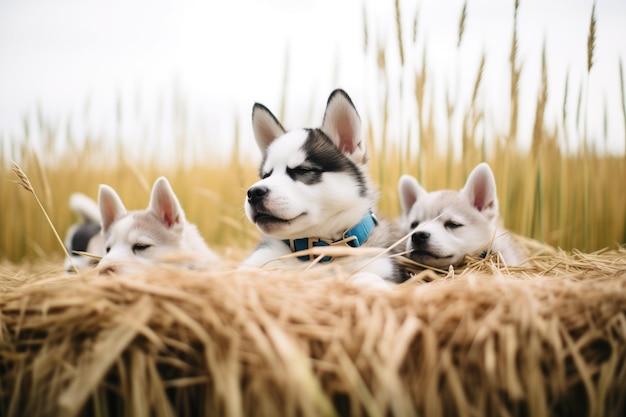 Foto um bando de huskies descansando em um campo gramado