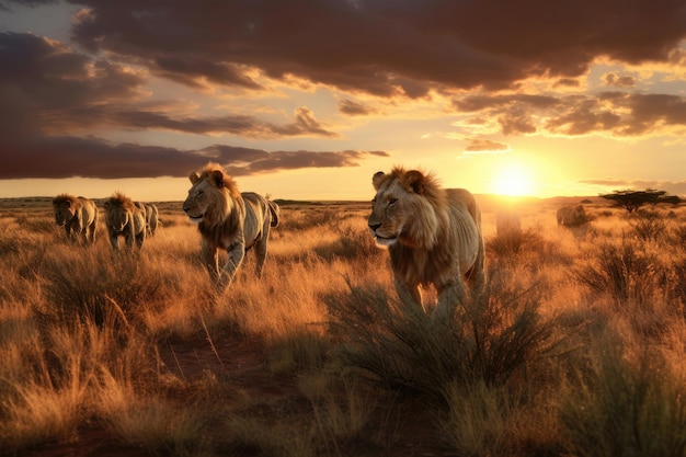 Um bando de leões na savana ao pôr do sol