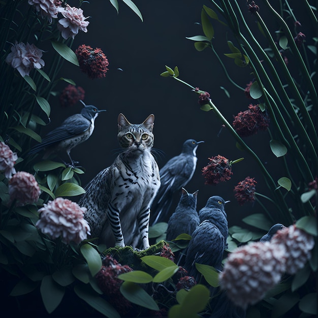 Foto um bando de pássaros em torno de um gato em um belo jardim de flores