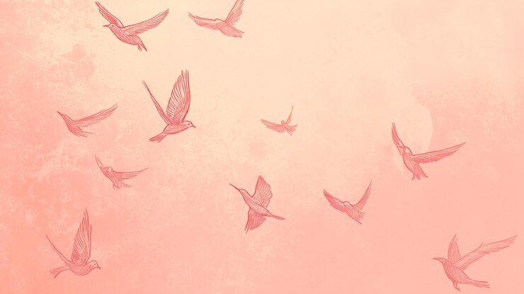 Foto um bando de pássaros em voo contra um céu rosa pastel suave