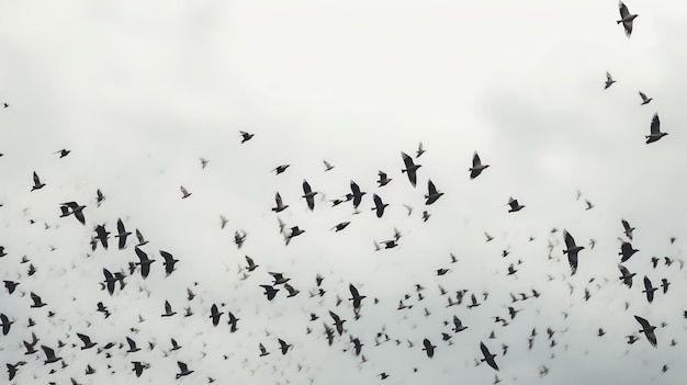 Um bando de pássaros voando em um céu branco