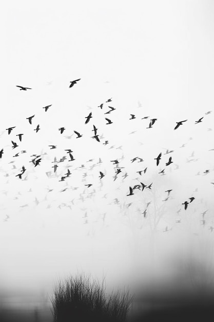 Um bando de pássaros voando no céu com uma casa ao fundo.