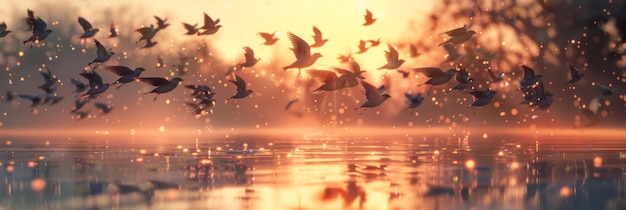um bando de pássaros voando sobre a água ao pôr do sol