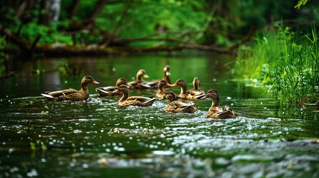 Um bando de patos está nadando na água.