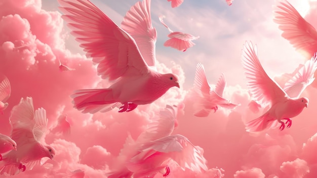 Um bando de pombos brancos a voar num céu rosa
