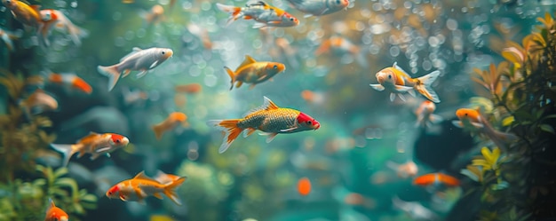 Um bando multicolorido de peixes koi dentro de um aquário de água clara