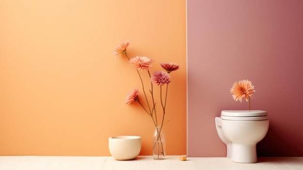 Foto um banheiro com flores em vaso na parede ao lado de um banheiro rosa e laranja ai