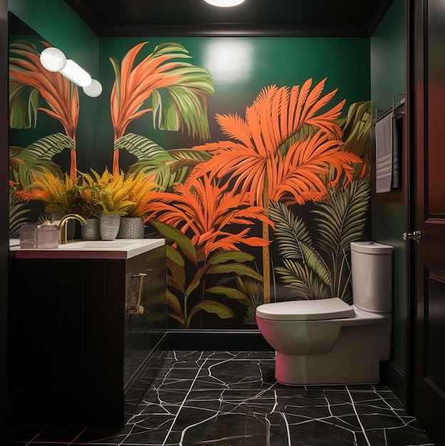 Foto um banheiro com parede verde e uma planta na parede