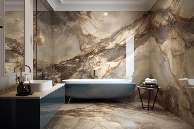 Um banheiro com paredes de mármore e uma IA geradora de banheira