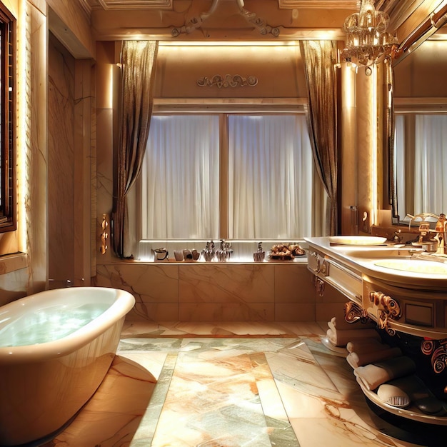 Um banheiro com uma banheira dourada e uma cortina dourada que diz la mer