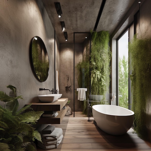 um banheiro com uma banheira e plantas na parede