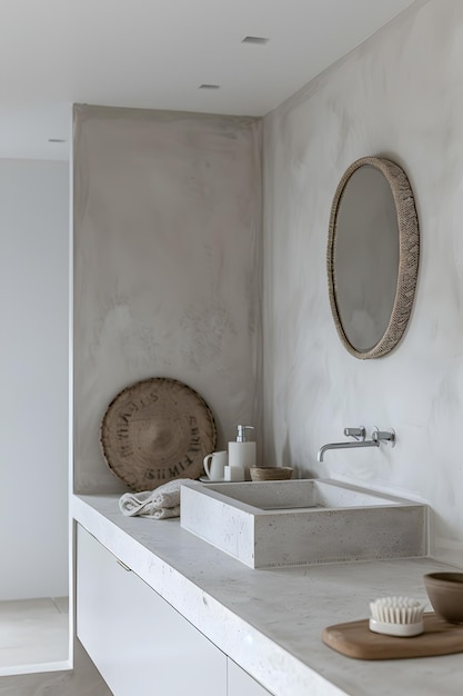 Um banheiro em uma casa com uma pia e um espelho em uma parede de madeira
