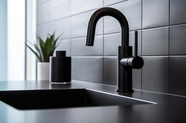 Um banheiro minimalista em close-up com uma torneira preta mate elegante com gotas de água brilhantes AI gerativa