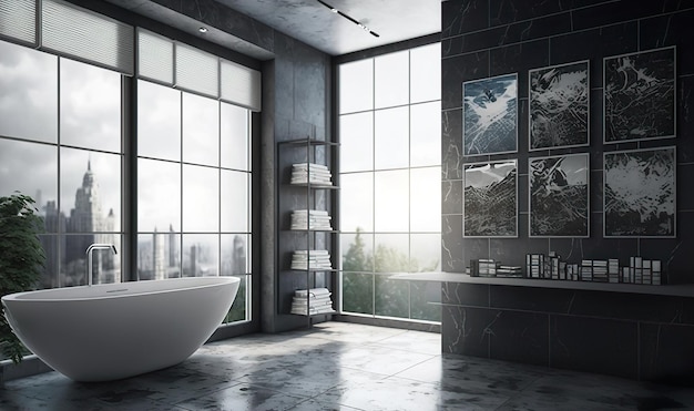 Um banheiro moderno de cor cinza escuro com uma janela