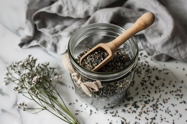 Um banho de chá preto embeber em um frasco de vidro com uma colher de madeira