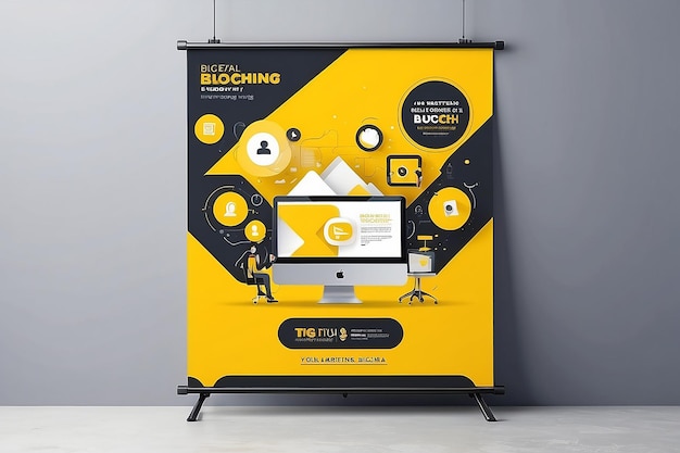 Um banner amarelo de marketing digital sinal de brochura design de banner de flyer Agência de marketing digital e praça de mídia social corporativa