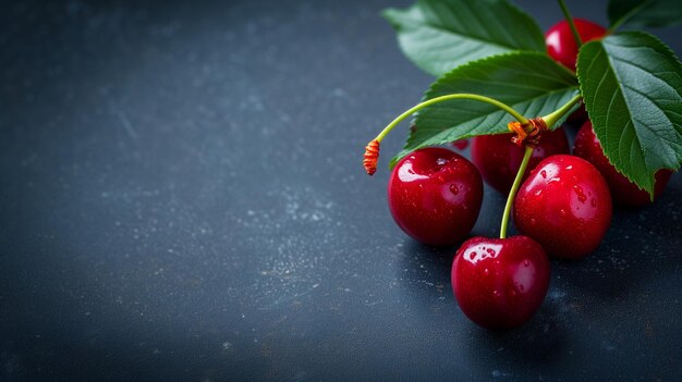 Foto um banner com bagas de cereja em um fundo preto fundo escuro com um espaço de cópia de cereja