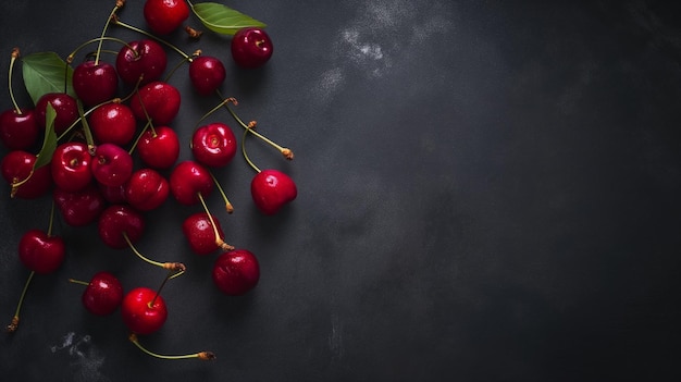 Foto um banner com bagas de cereja em um fundo preto fundo escuro com um espaço de cópia de cereja