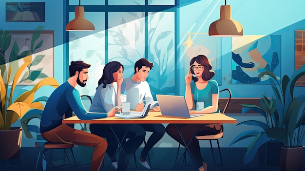 Um banner de site para um espaço de coworking destaca profissionais que trabalham em um escritório compartilhado