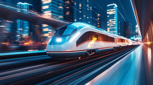 Um banner de viagem futurista exibindo um trem de alta velocidade em uma cidade moderna
