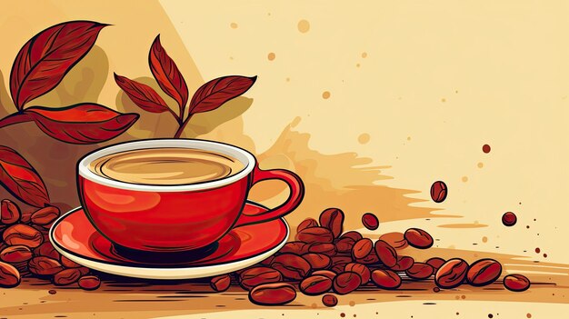 Um banner horizontal com uma xícara de café e ilustração de grãos de café AI Generated