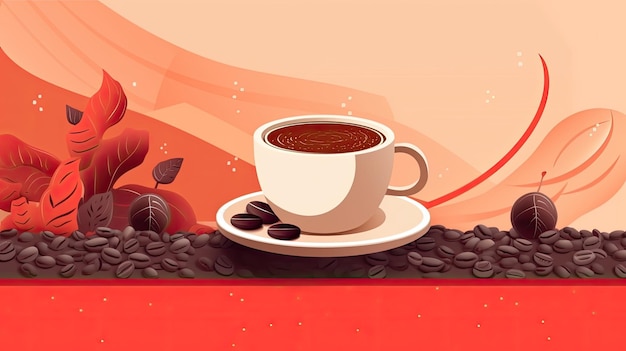 Um banner horizontal com uma xícara de café e ilustração de grãos de café AI Generated