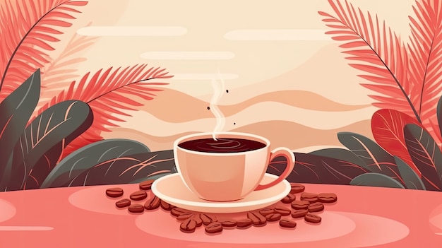 Um banner horizontal com uma xícara de café e ilustração de grãos de café AI Generated