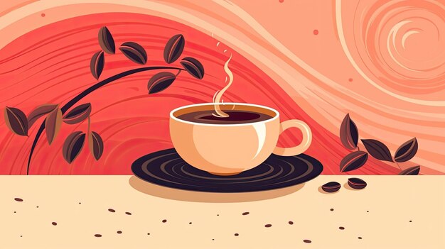 Um banner horizontal com uma xícara de café e uma ilustração de grãos de café, gerado por IA