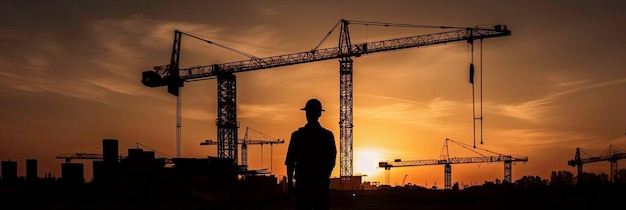 Um banner quente e brilhante Um canteiro de obras com um construtor em um fundo pôr do sol gerado por IA