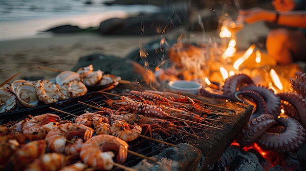 Foto um banquete de churrasco de frutos do mar na praia com camarões grelhados, vieiras e espetos de polvo cozinhando em uma chama aberta cercados por amigos e familiares