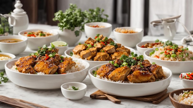 Um banquete de comida chinesa lindamente arranjado com suculentos pratos de frango em uma elegante mesa branca