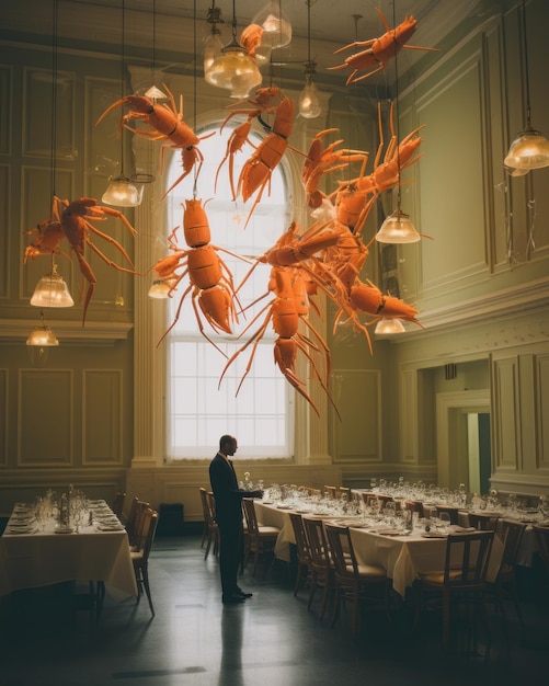 Foto um banquete extravagante de lagostas em meio a figuras mínimas no refeitório de classe de boston capturado por alex