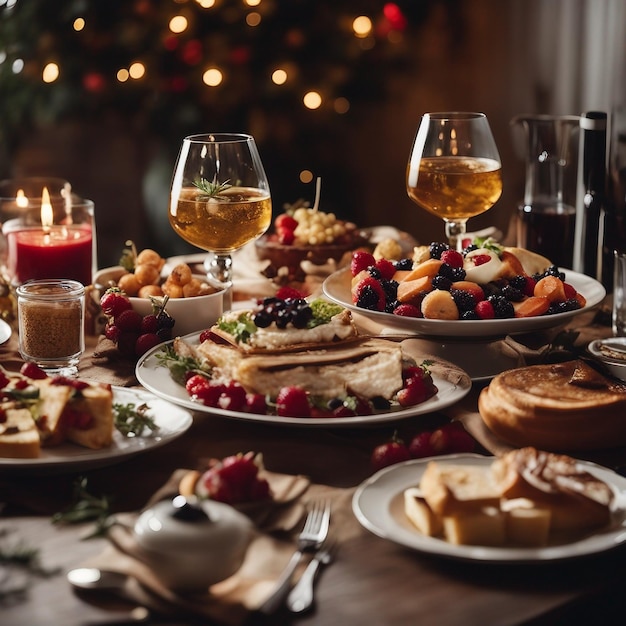 Um banquete festivo Delicie-se com uma generosa variedade de comida deliciosa e aproveite o brilho quente