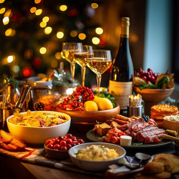 Foto um banquete festivo é preparado para a família no dia de natal