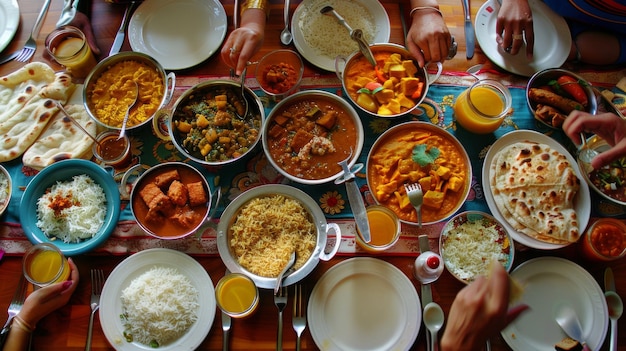 Um banquete indiano vibrante espalhado por uma mesa com caris coloridos, arroz perfumado e pão naan variado, tentando os sentidos com sabores exóticos.