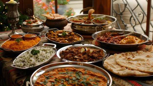 Um banquete indiano vibrante espalhado por uma mesa com caris coloridos, arroz perfumado e pão naan variado, tentando os sentidos com sabores exóticos.