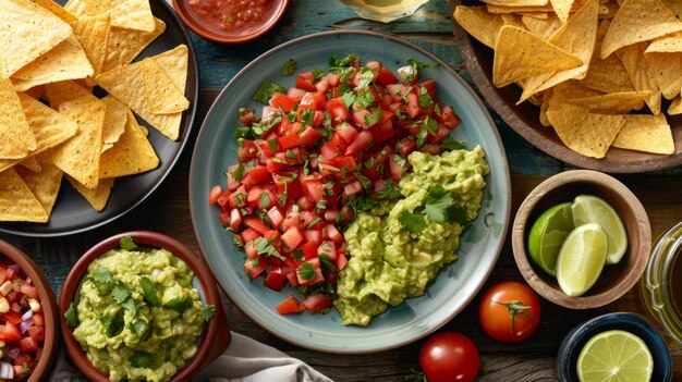 Foto um banquete texmex com tacos nachos guacamole e salsa perfeito para compartilhar com amigos em uma reunião casual