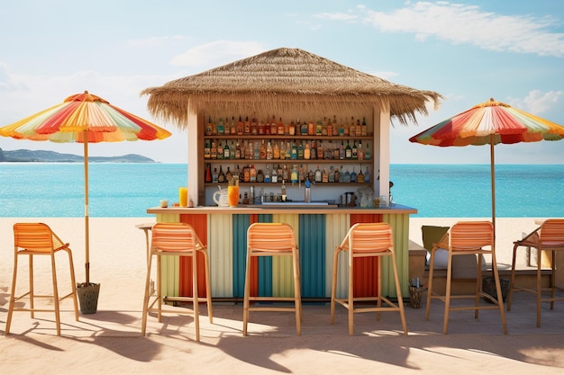 Foto um bar à beira-mar servindo coquetéis de suco de cana-de-açúcar com guarda-chuvas coloridos