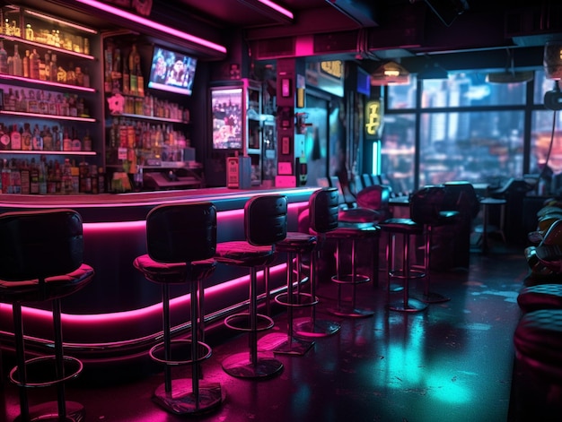 Um bar com luzes neon e bancos de bar