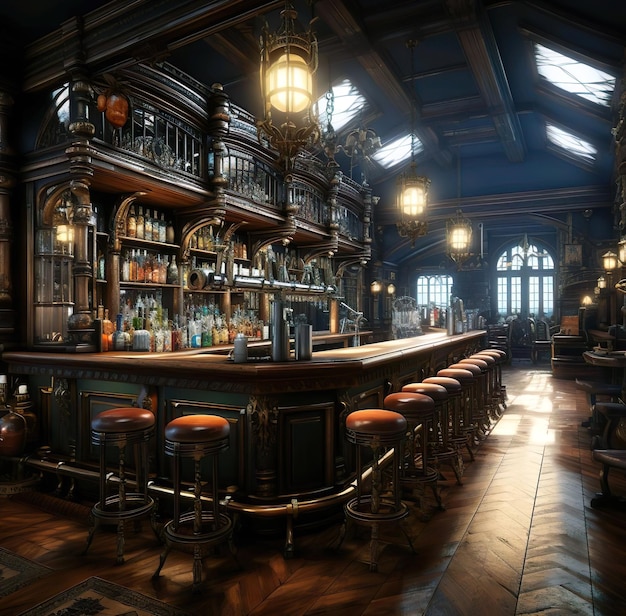 Um bar com um bar e um lustre pendurado na ilustração do edifício no teto