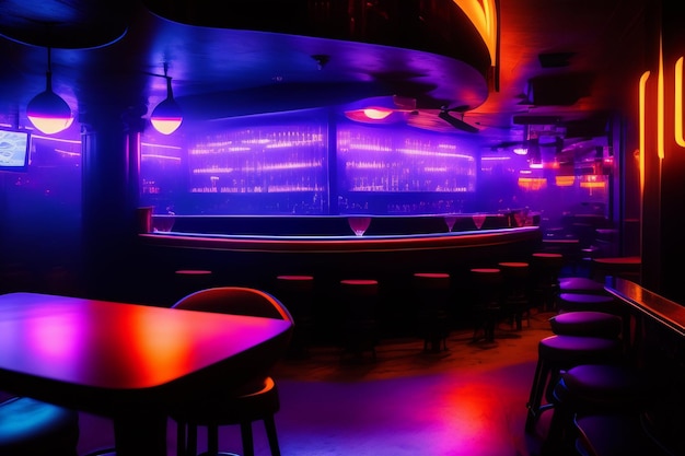 Um bar com uma barra em luzes roxas e vermelhas