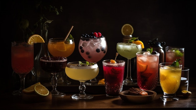 Um bar com uma variedade de cocktails, incluindo um que diz 'the bar'